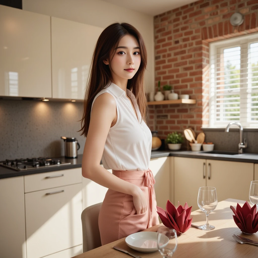 Create a cozy, intimate kitchen scene with warm lighting and a modern interior design. Show a woman with long, naked, straight hair standing by a dining table set elegantly with folded red napkins, wine glasses, and cutlery. The background includes a window with soft natural light, light beige cabinetry, and a brick accent wall. The atmosphere is relaxed and slightly romantic, with overhead pendant lights casting a soft glow on the scene.