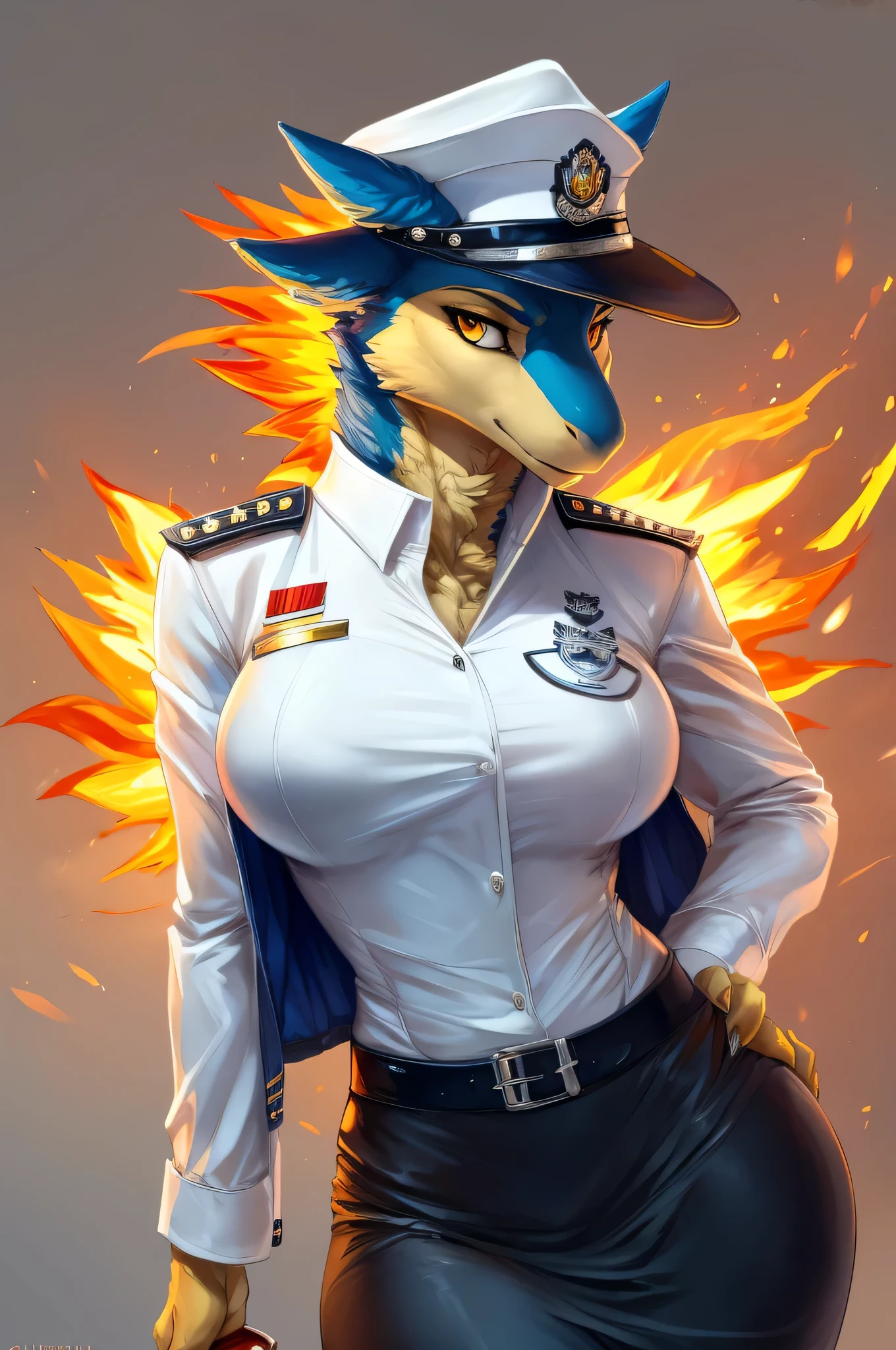 (masterpiece:1.2), (best quality:1.4), beautiful, high quality, (highres:1.1), detailed, extremely detailed 4K, perfect face, perfect lighting, (1girl, solo, adult female, mature female), (by bastika, by cutesexyrobutts, by hioshiru)
Typhlosion,
(fluffy fur, detailed fur, yellow eyes), muscular, (slim:1.4), (thin:1.3), (tall:1.2), [blue fur], fang, military uniform, breasts, tight clothes, black tight skirt, (stern face), looking at viewer, white background,
OfficerA, dress jacket, tassels, OffierA military hat, (fire neck:1.2), epaulets, collared_shirt, thigh gap, (white uniform:1.5) holding beer