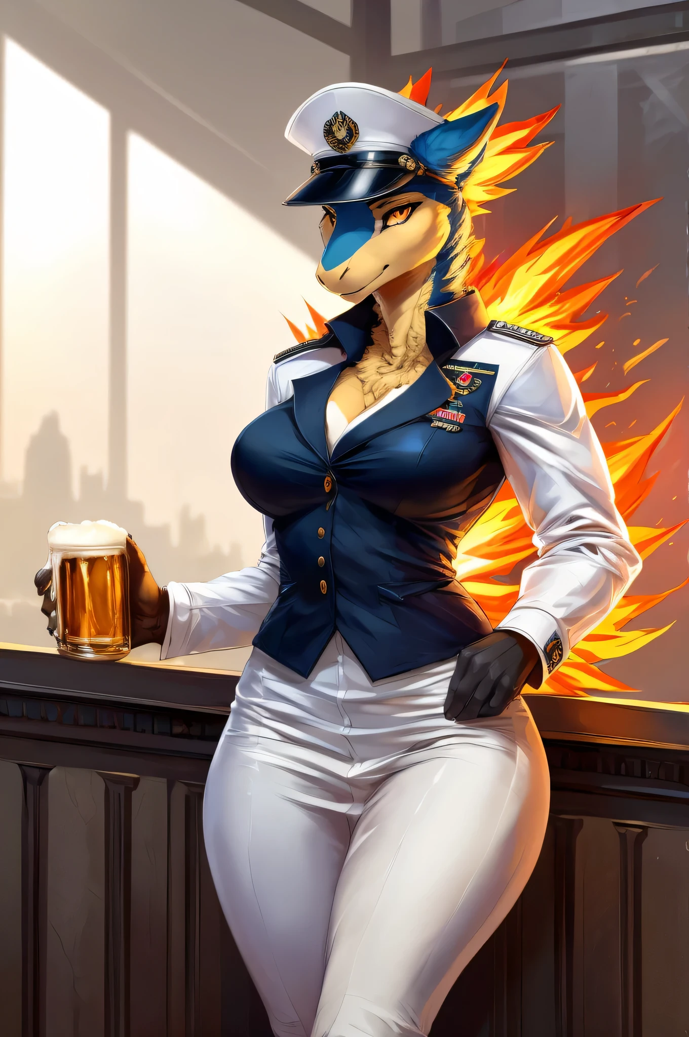 (masterpiece:1.2), (best quality:1.4), beautiful, high quality, (highres:1.1), detailed, extremely detailed 4K, perfect face, perfect lighting, (1girl, solo, adult female, mature female), (by bastika, by cutesexyrobutts, by hioshiru)
Typhlosion,
(fluffy fur, detailed fur, yellow eyes), muscular, (slim:1.4), (thin:1.3), (tall:1.2), [blue fur], fang, military uniform, breasts, tight clothes, black tight skirt, (stern face), looking at viewer, white background,
OfficerA, dress jacket, tassels, OffierA military hat, (fire neck:1.2), epaulets, collared_shirt, thigh gap, (white uniform:1.5) holding beer