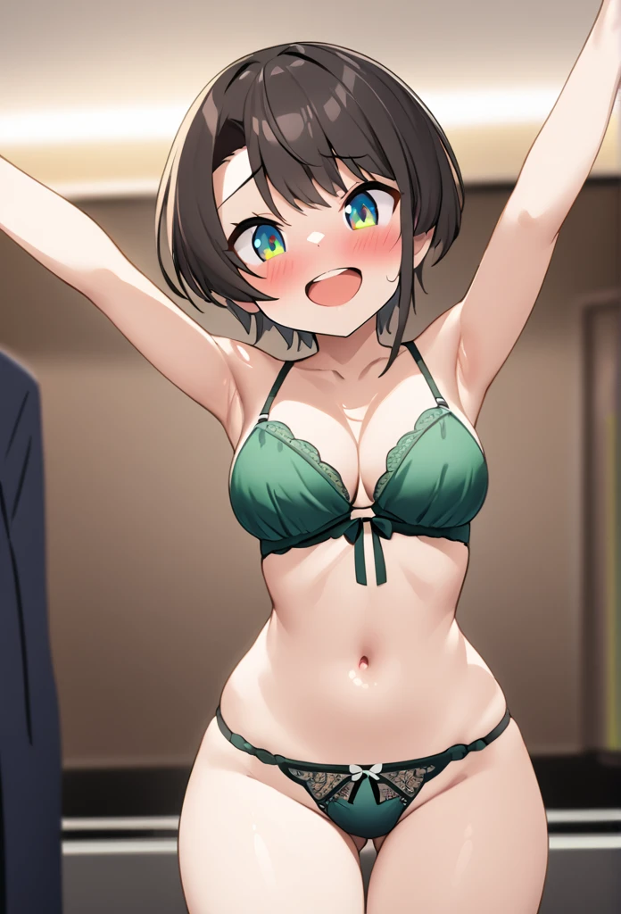  super precise illustrations 、 girl、solo、 Hololive Productions、Phase 2 students、Subaru Ozora、 dark brown short hair、dark green eyes 、In underwear、Excitement、Chirarizum、 sexy、Grinning smile、 lingerie