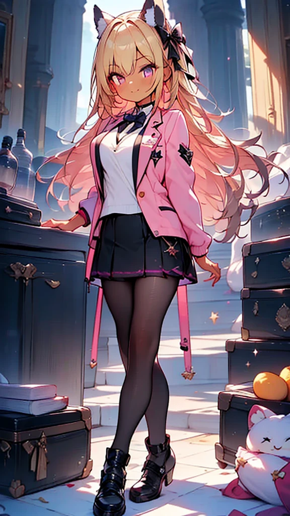 masterpiece,best quality,ultra detailed,
1girl, ((gyaru style outfits)), (pink school blazer jacket and light purple skirt), (dark skin:1.3), (blonde), very long silky hair, star eyes, shiny jet black pantyhose, big-breasts, 