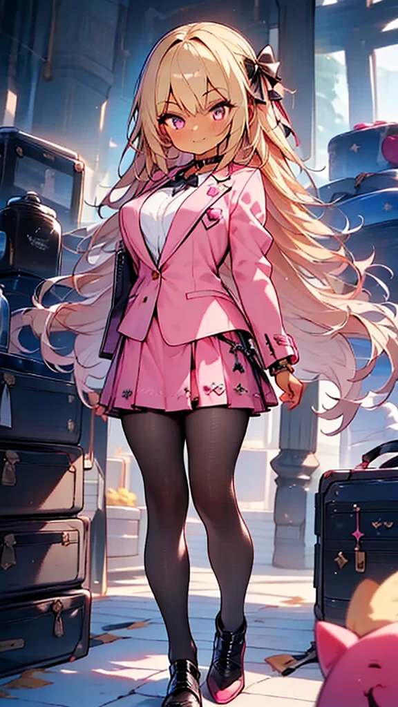 masterpiece,best quality,ultra detailed,
1girl, ((gyaru style outfits)), (pink school blazer jacket and light purple skirt), (dark skin:1.3), (blonde), very long silky hair, star eyes, shiny jet black pantyhose, big-breasts, 