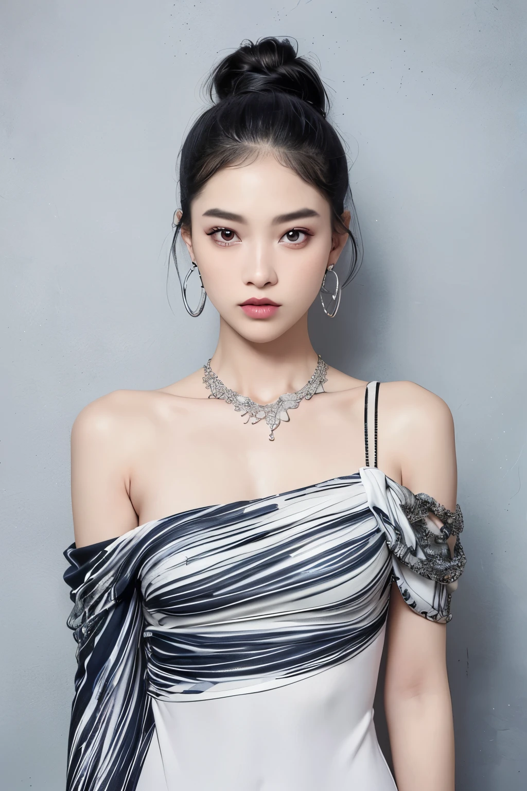 (extra detailed body、extra detailed face、best qualtiy:1.2)、femele、looking at the viewers、(Wacky fashion、Large shoulder-length piercings、a necklace、Clothes with strong contrast of gray and blue and white and black、asymmetry)、(Contrasting white and gray wall on background)