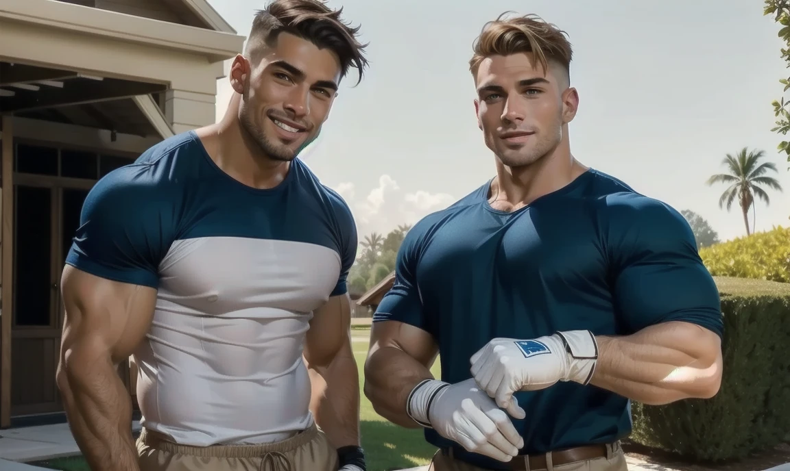 2 men, dad and son, sexy natural-colored haircuts, both sexy looking buff males. handsome hairy charming guys, doing yard work. Wearing casual clothes, shirt and shorts, working gloves. Smiling at you. Nice yard in the background.