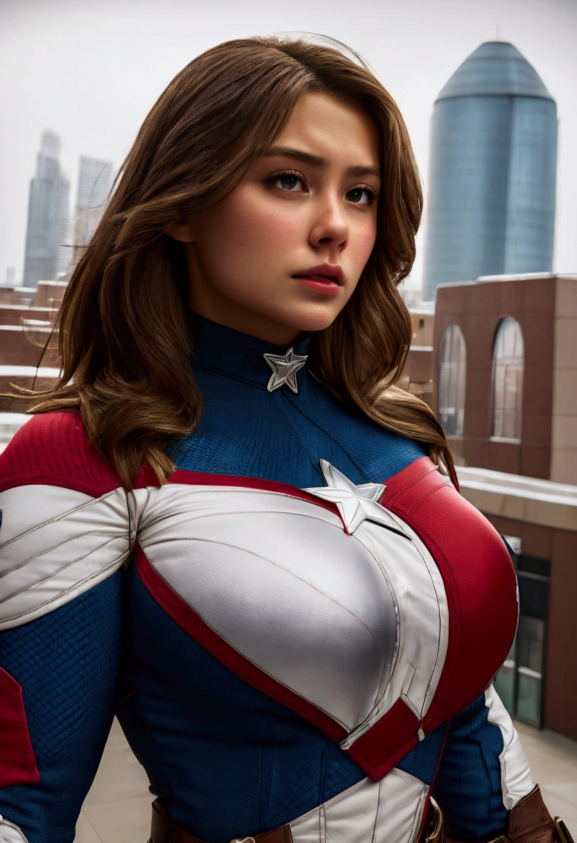 Gorgeous female Captain America, (human face:1.4), enormous fake round breasts, rooftop, cityscape, brown hair, high definition photograph, 