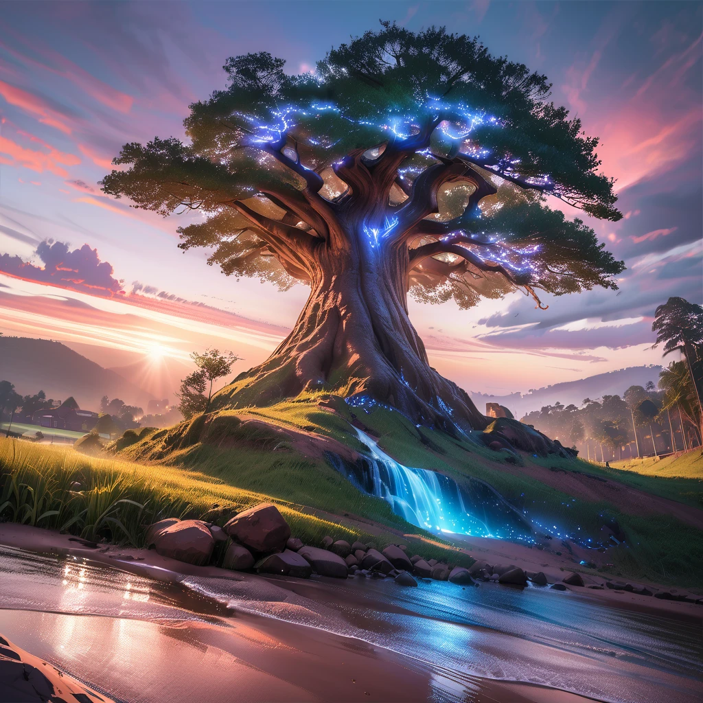  of the giant tree with blue glowing branches and roots,  very detailed , Complex and vivid  , Fantasy Landscape ,  ethereal atmosphere  , (Best Quality,8k, Kampala ,masterpiece:1.2),  ultra detail  ,(Realistic,photoRealistic,photo-Realistic:1.37),  digital art  ,  cinematic lighting  ,  Dramatic Writing  ,  bright color,  Glowing Elements  , Mysterious, wonderful, Magical realism,  Concept Art,My Grandmother、 Shiny golden hair , Long Hair, ( の  very detailed な顔に対して 、 Sparkling Eyes , fine grain)、 uneasy expression 、  super detailed eyes、  full body portrait "  queen  "  with battle-ready staff  , Ghost,  Foggy  , The  queen  's Spirit,  surreal portal  , Castle Background, Professional Ink Painting  , watercolor,  Mixed Technique Semirealism ,  Concept Art