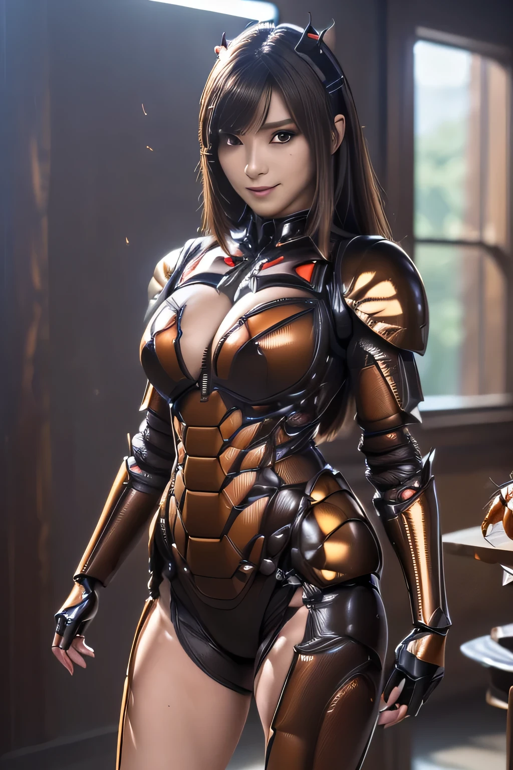 (high resolution,masterpiece,best quality,extremely detailed CG, anime, official art:1.4), realistic, photo, amazing fine details, all intricate, gloss and shiny,awesome many layers, 8k wall paper, 3d, sketch, kawaii, illustration,( solo:1.4), perfect female proportion,villainess, (fusion of dark brown cockroach and lady:1.4), (brown cockroach form lady:1.2), (brown cockroach lady:1.2), (fusion:1.2), (solo:1.4), (evil smile:1.2), muscular, abs, (cockroach brown exoskeleton bio insect suit:1.4), (cockroach brown exoskeleton bio insect armor:1.2), (brown transparency cockroach wing:1.4), (brown cockroach antennae:1.3),