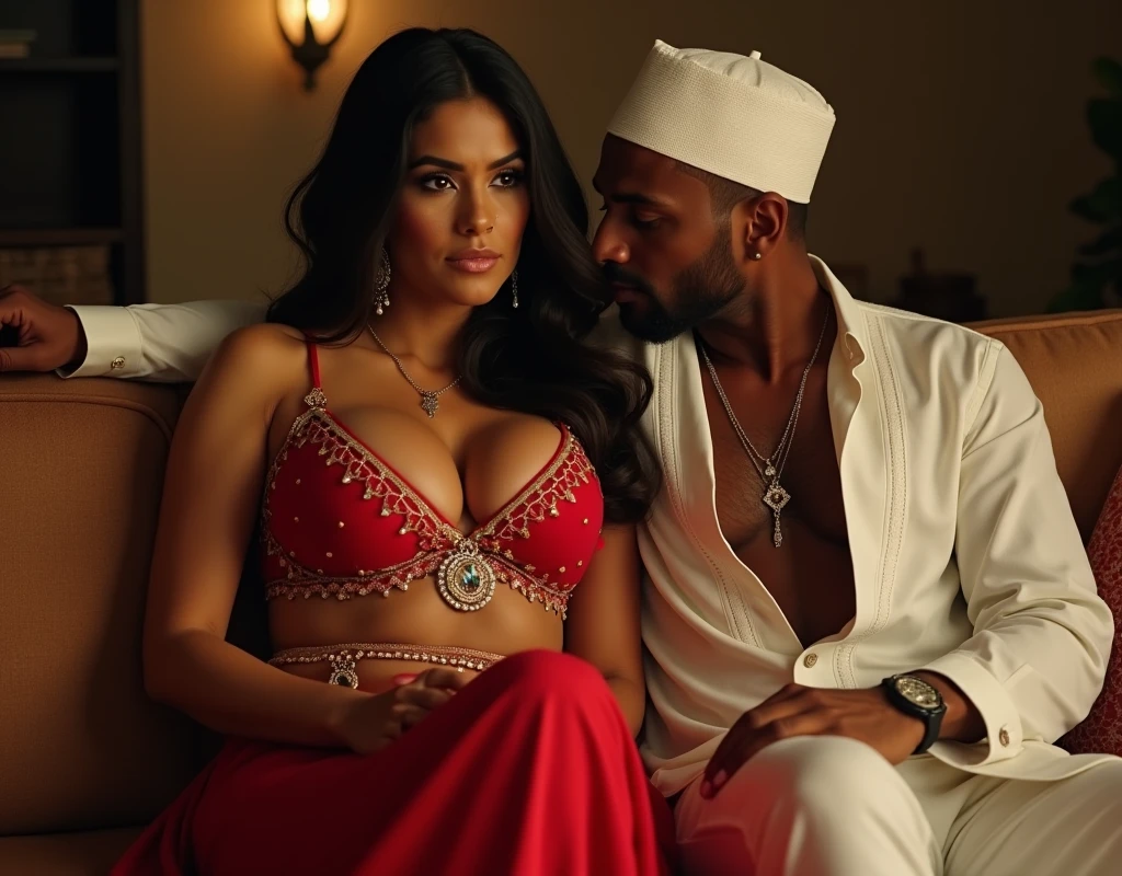 Sexy hot indian girl in orange lingerie serving bulk of muslim men 