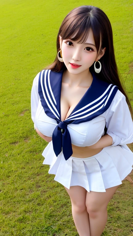 (in 8K, 超A high resolution, Best Quality, masutepiece:1.1),(18year old:1.1)、(Look away)、in 8K、RAW portrait of japanese girl、Photorealsitic、超A high resolution、top-quality、(a sailor suit、Navy Pleated Mini Skirt:1.3) (hi-school girl、quite massive chest、Pretty big breasts、toned body、Be sure to hide all breasts、black hair short cut、Sit with your legs wide open to the side:1.6)(Super cute、Cute smile、Navy Mini Skirt Sailor Suit、Black socks、lowfers:1.2)Sit on the embankment by the sea with your legs wide open right beside you
