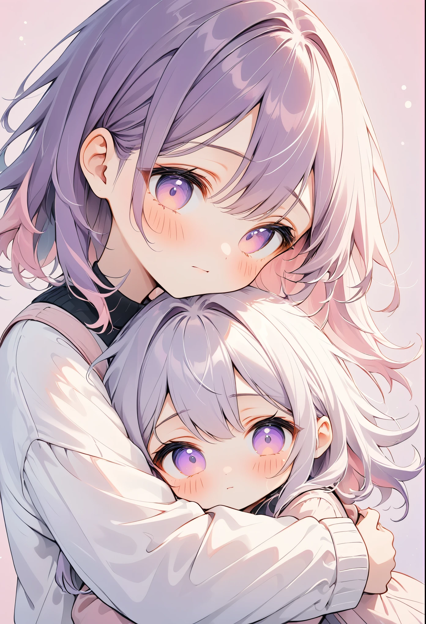 illustration, best quality, chibi style, (pastel color),Low Fidelity (lofi) art style,
pastel pink and purple tones,2girls, hugging each other, one girl with purple hair, one girl with white hair, blushing expressions, simple background with pink and white split, cozy and heartwarming atmosphere, casual outfits, close-up view