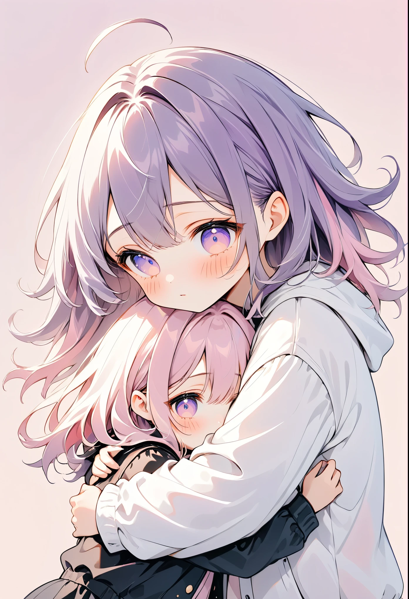 illustration, best quality, chibi style, (pastel color),Low Fidelity (lofi) art style,
pastel pink and purple tones,2girls, hugging each other, one girl with purple hair, one girl with white hair, blushing expressions, simple background with pink and white split, cozy and heartwarming atmosphere, casual outfits, close-up view