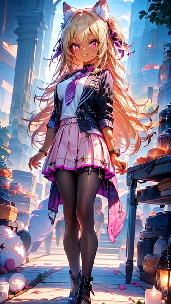 masterpiece,best quality,ultra detailed,
1girl, ((gyaru style outfits)), (pink school blazer jacket and light purple skirt), (dark skin:1.3), (blonde), very long silky hair, star eyes, shiny jet black pantyhose, big-breasts, 