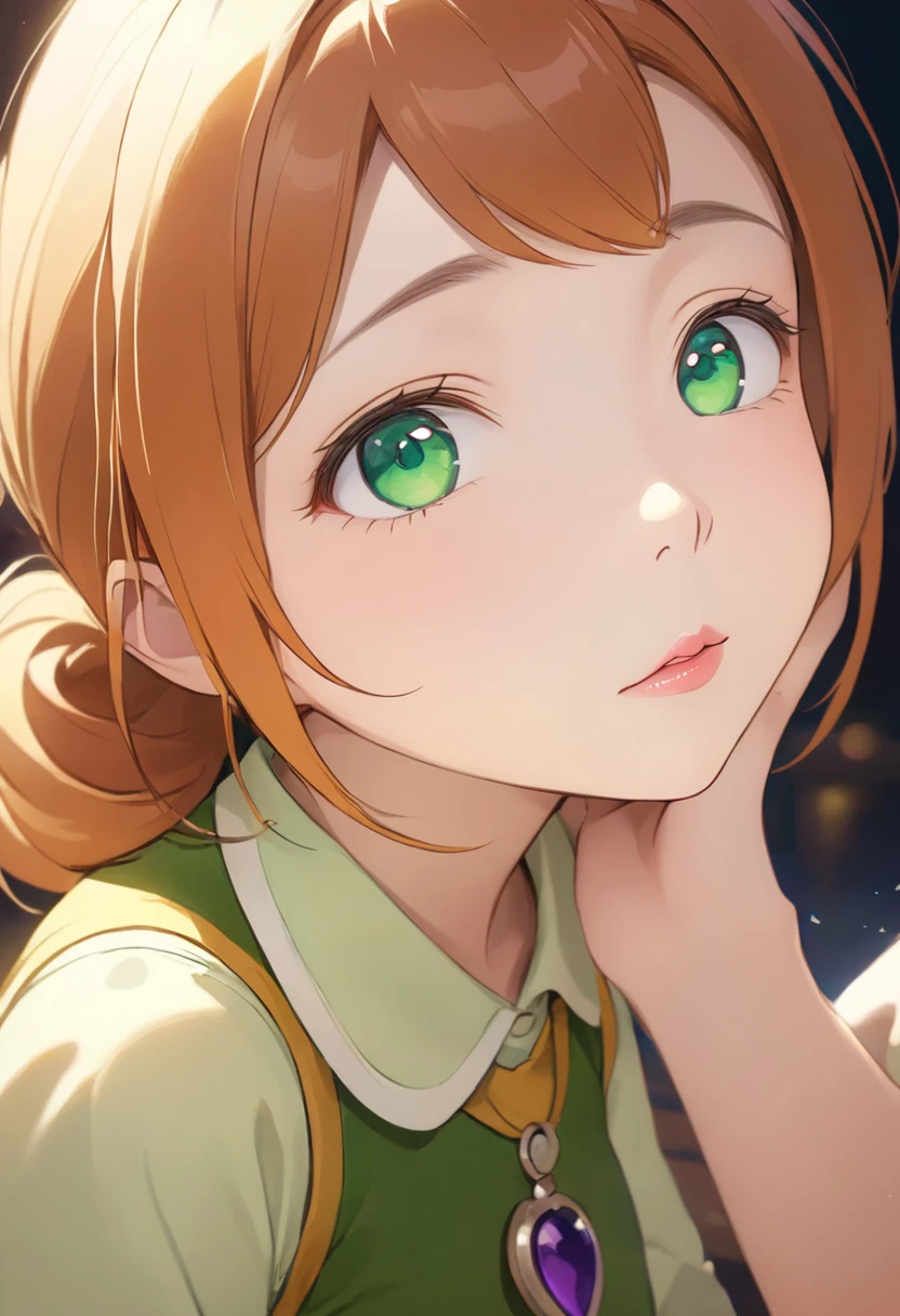 1girl, green eyes, purple pendant, orange hair, medium hair +++ yellow pantyhose, green dress,  light green shirt, green boots Hiding face with arm, looking to the side, extremely quality extremely detailed, illustration, cute anime face cinematic lighting, A beautiful girl's face is approaching those who see it,  Girls kissing, Lonely, 完璧で charming顔, Mouth is about to kiss, Close your eyes, Expectations, shy, joy, , 現実的で charming鼻, Delicate eyelashes, Thin eyebrows,  natural makeup,  Young, moisturized and fresh skin  ,  young and energetic 々, rest: Showing love to the audience, Expectations, shy, joy, , 我害怕地Close your eyes, Lips want a kiss, detailed and realistic skin texture, 可爱又性感的姿势让you着迷, ((  depicting a girl )),  stares at the audience, Protruding chin, Lower your eyelids, Detailed Description 、 charming, you, rest ((Gently close your eyelids)), Close your lips, rest (Close your eyes, Lips want a kiss, Approaching Surface, Protruding chin), ( looks up:1.3), ((面对you)), rest Mouth is about to kiss, (Close your eyes), Expectations, shy, joy, , Realistic and  charming depiction, First-person view of the viewer, (Close-up of face seen from above:1.2).