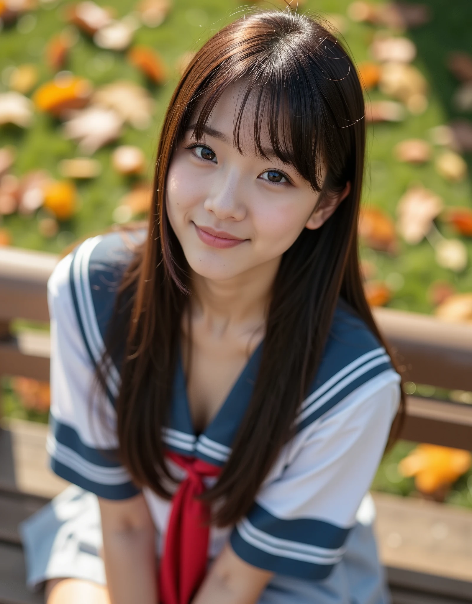   idol-like Japanese woman ,  surreal photography looking at an observer ,Long Hair ,  straight hair, Round face ,smile, bust up , serafuku,  sailor suit ,  beige realistic stockings, miniskirt in length,  school uniform ,  as in the picture  ,From above, The point of view looked down on, sunlight, (Looking Down から Above:1.8), (Upturned eyes :1.5),  sitting on a park bench,Colorful autumn leaves in the park ,