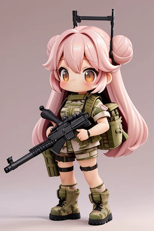 Light pink hair、 bun hair 、 half twin 、 long hair、 princess cut、Camouflage、Hold a machine gun、 combat boots 、Battlefield Background、 little character