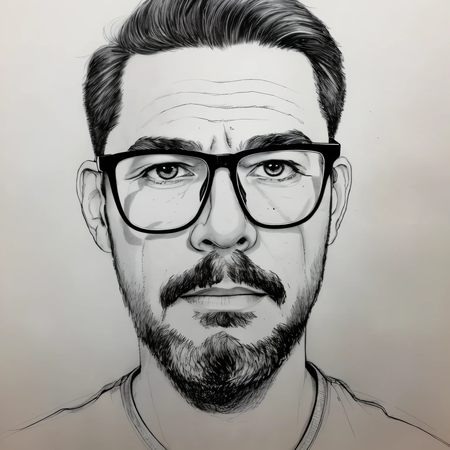  Line Art , Pencil and ink caricature drawing, black and white coloring, a mature man ，Around 30 years old ，Wearing glasses， Show full profile picture
