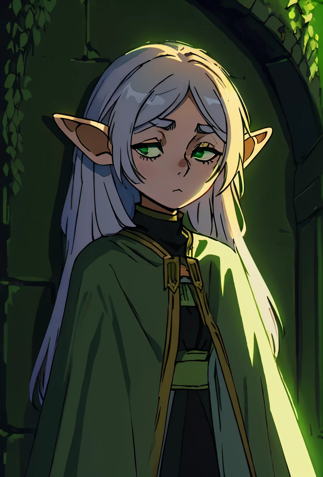 detailed elf friren, friren's cloak, eyes half-closed, gaze averted, no emotional face expression, green eyes, concept art, half-height, green wall background, soft light, masterpiece