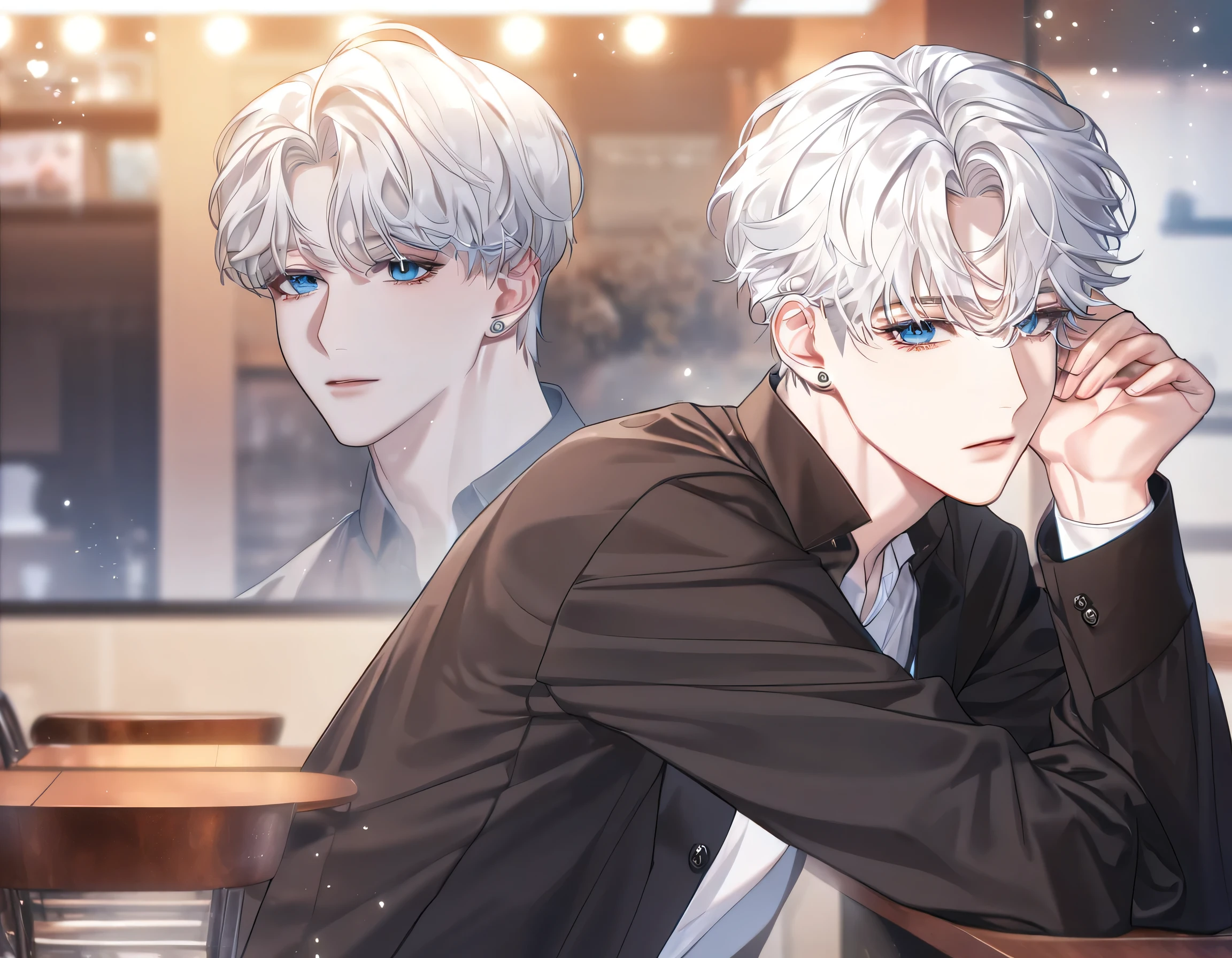 absurdres, highres, ultra detailed, HDR, master piece, best quality, extremely detailed face, delicated features, Jaehwan , White hair, short hair, no fringe, without bangs, handsome hair, cool blue eyes, The World After The Fall, Alone, Sensual, Young face, black Korean School uniform fashion style, cold, Transparent, black, Boyfriend, Pierce, earring, cute boy, Draw a large background, From the side, anime, KPOP model, Cafe background, Draw a large background, sitting in the corner of a cafe, 4K, High image quality, Drink coffee