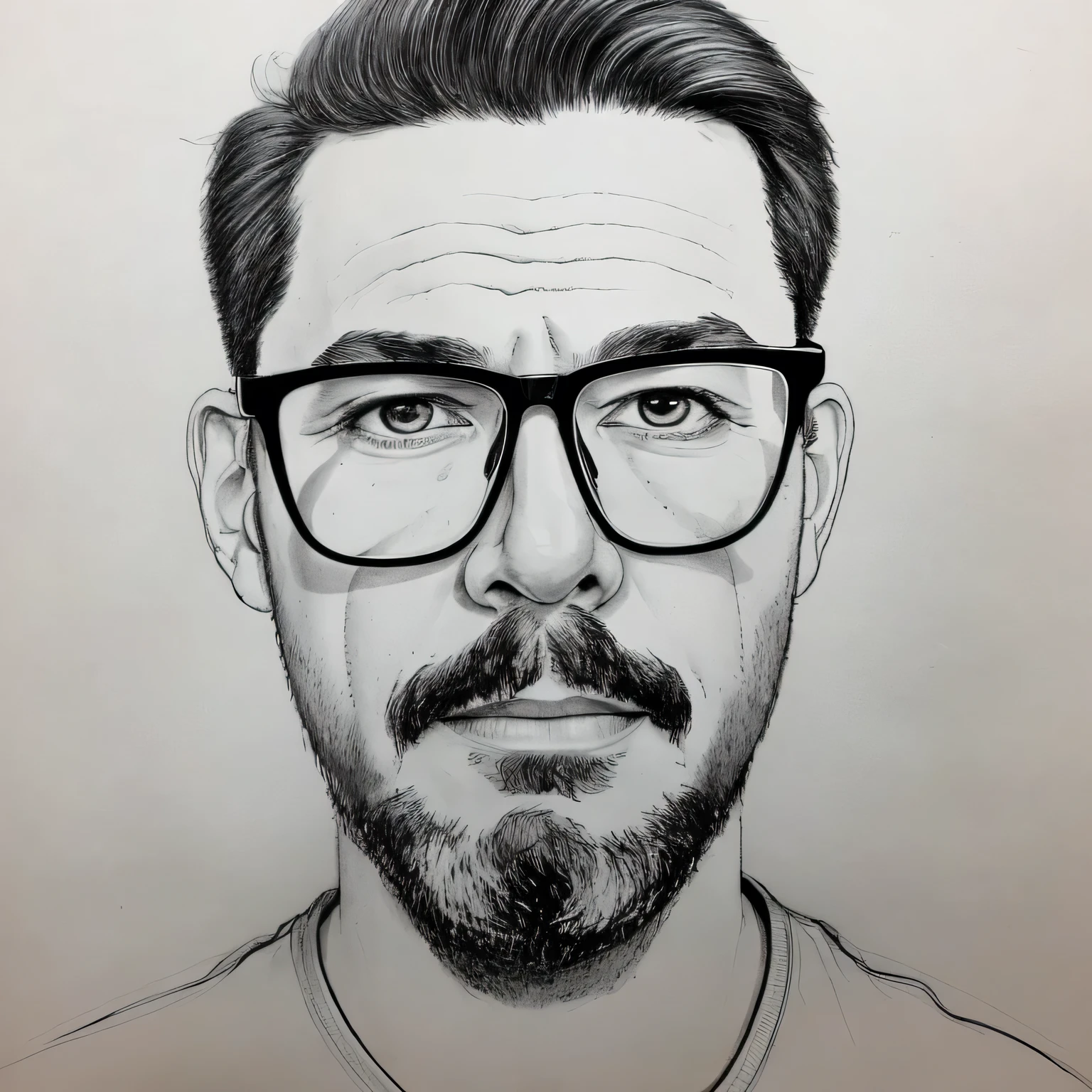  Line Art , Pencil and ink caricature drawing, black and white coloring, a mature man ，Around 30 years old，Wearing glasses，Show full profile picture，Hair intact
