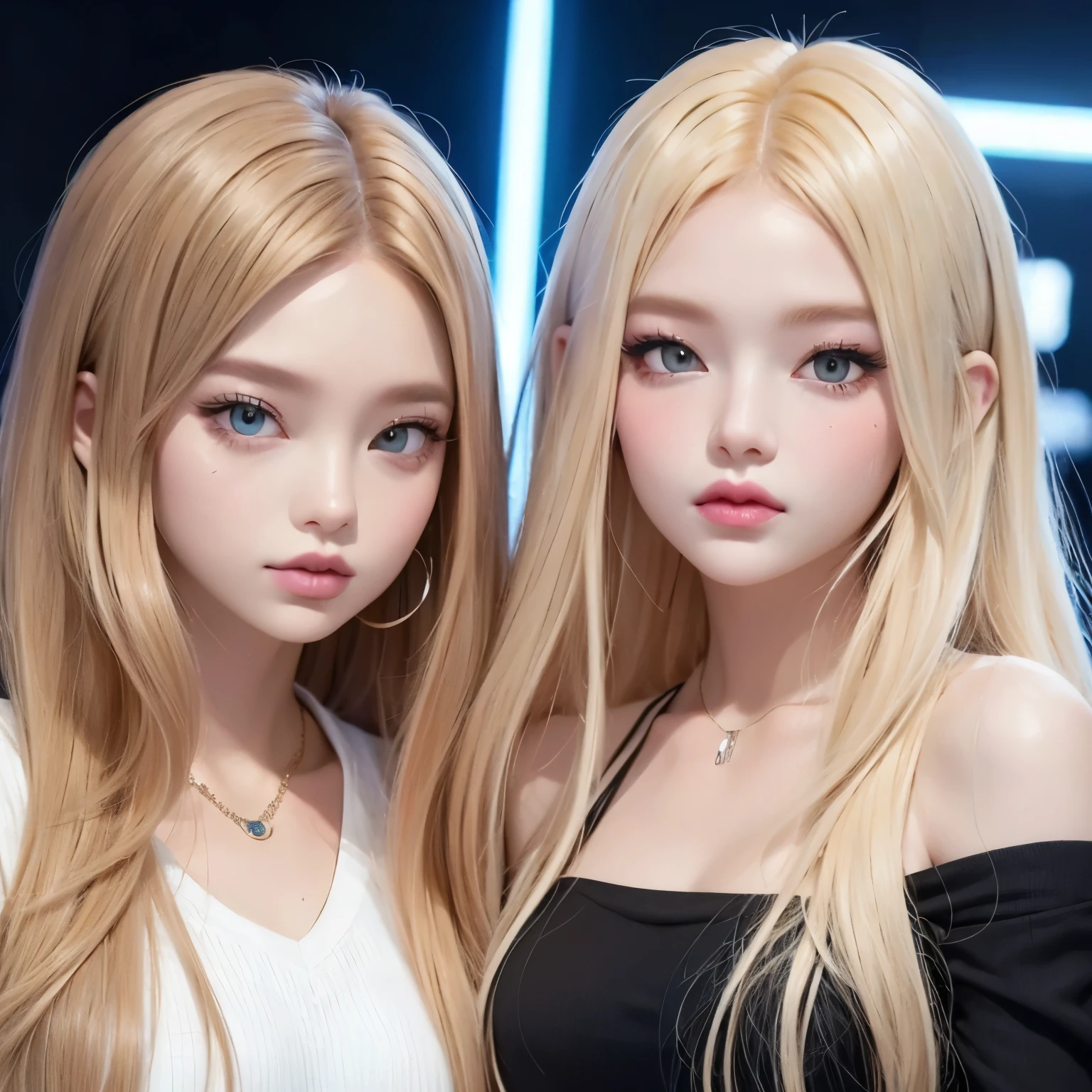 une jolie idolgirl avec de longs cheveux blond clair en 2D et une frange droite, membre de Blackpink regardant la caméra (style "jeu Zepeto") 2d