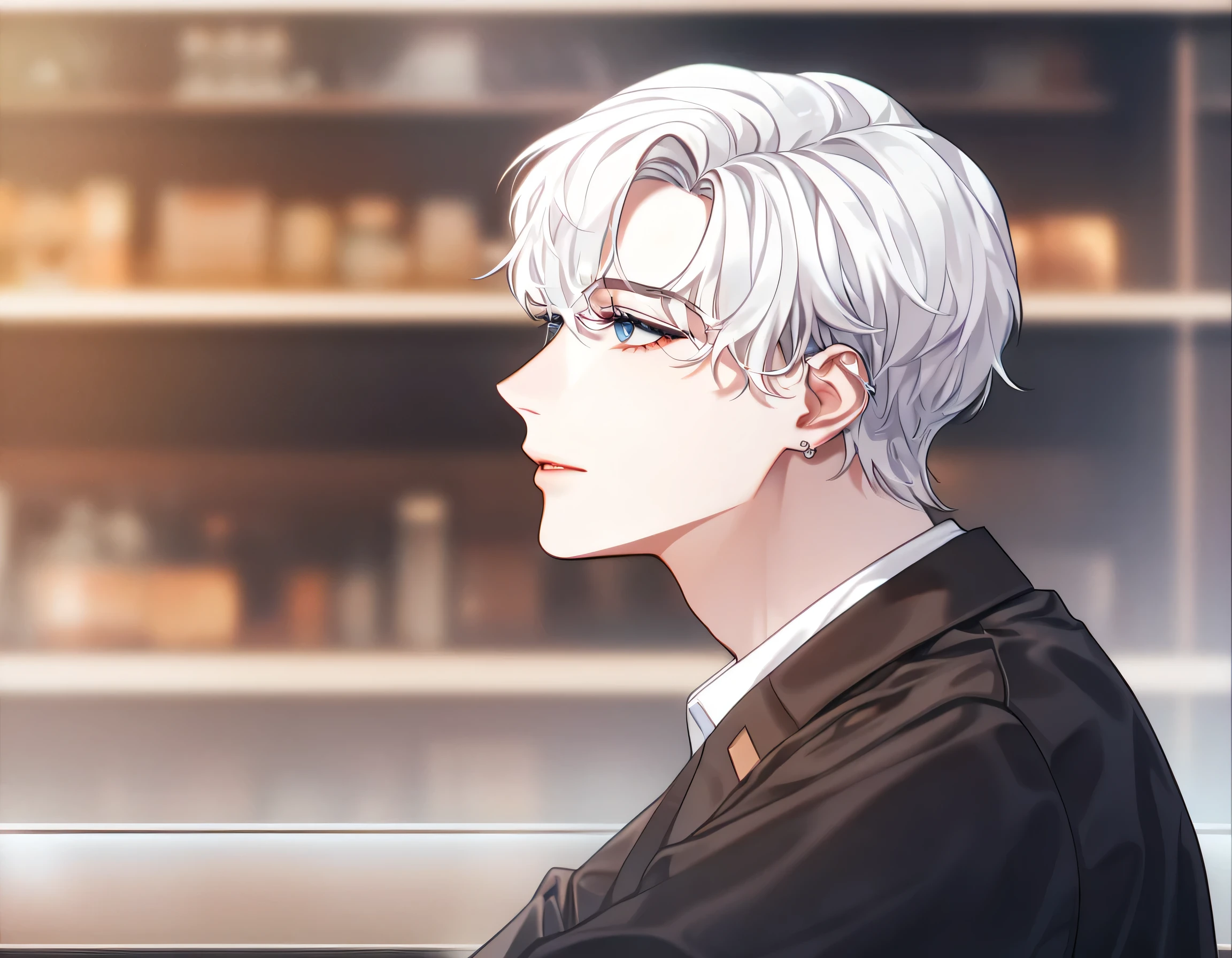 absurdres, highres, ultra detailed, HDR, master piece, best quality, extremely detailed face, delicated features, Jaehwan , White hair, short hair, no fringe, without bangs, handsome hair, cool blue eyes, The World After The Fall, Alone, Sensual, Young face, black Korean School uniform fashion style, cold, Transparent, black, Boyfriend, Pierce, earring, cute boy, Draw a large background, From the side, anime, KPOP model, Cafe background, Draw a large background, sitting in the corner of a cafe, 4K, High image quality, Drink coffee
