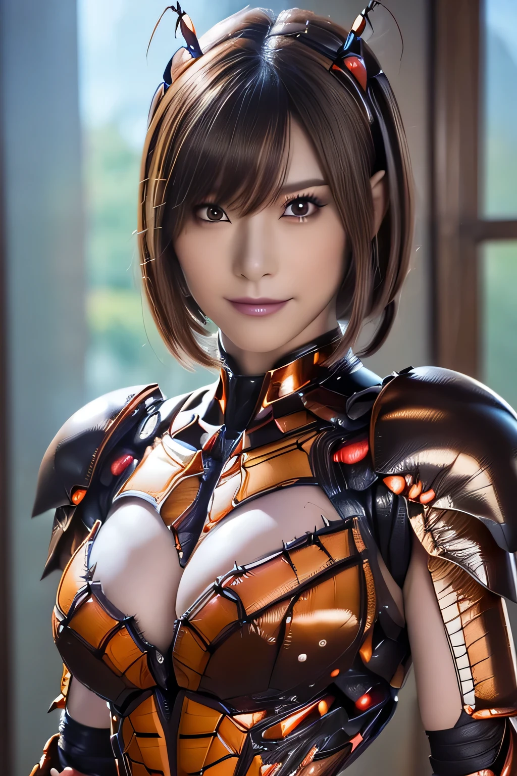 (high resolution,masterpiece,best quality,extremely detailed CG, anime, official art:1.4), realistic, photo, amazing fine details, all intricate, gloss and shiny,awesome many layers, 8k wall paper, 3d, sketch, kawaii, illustration,( solo:1.4), perfect female proportion,villainess, (fusion of dark brown cockroach and lady:1.4), (brown cockroach form lady:1.2), (brown cockroach lady:1.2), (fusion:1.2), (solo:1.4), (evil smile:1.2), muscular, abs, (cockroach brown exoskeleton bio insect suit:1.4), (cockroach brown exoskeleton bio insect armor:1.2), (brown transparency cockroach wing:1.4), (brown cockroach antennae:1.3),