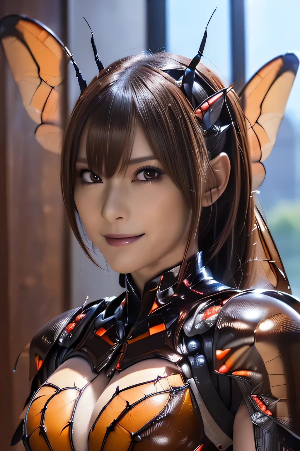 (high resolution,masterpiece,best quality,extremely detailed CG, anime, official art:1.4), realistic, photo, amazing fine details, all intricate, gloss and shiny,awesome many layers, 8k wall paper, 3d, sketch, kawaii, illustration,( solo:1.4), perfect female proportion,villainess, (fusion of dark brown cockroach and lady:1.4), (brown cockroach form lady:1.2), (brown cockroach lady:1.2), (fusion:1.2), (solo:1.4), (evil smile:1.2), muscular, abs, (cockroach brown exoskeleton bio insect suit:1.4), (cockroach brown exoskeleton bio insect armor:1.2), (brown transparency cockroach wing:1.4), (brown cockroach antennae:1.3),