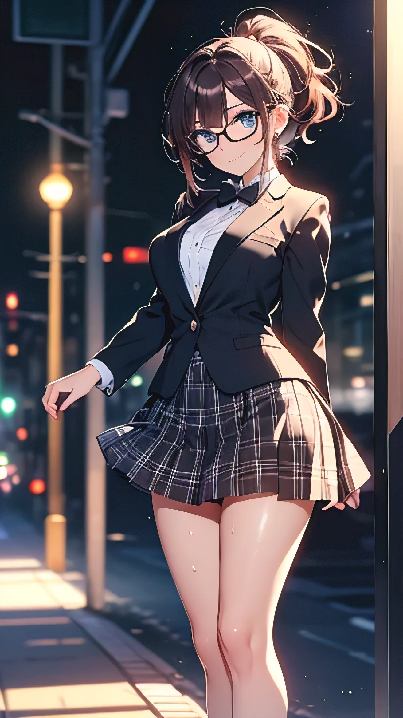 オリジナル, A beautiful woman standing on the beach , multicolor hair glasses, ((masterpiece, Best Quality)), ( Details Brown Hair , ponytail), eyeshadow, sakura asumi - nakaima hime [DVD 720p-xvid ], 1girl, alone, black hair, skirt, smile, plaid, plaid skirt, school uniform, shirt, looking at viewer, score_7_up, (masterpiece, ultra high resolution, 8k, 16k, Super detailed), software, ((Hero View)), 1 Girl, Purple Hair, (Curvy Hair, Long Hair, hime cut:1.2), Black Tuxedo, open button tuxedo , ( place your hand on your lower back), Night view, flashy bright background, Fashionista, narrow depth of field , bokeh, Contrast, ponytail, blonde, blue eyes , black leotard, high leg, sweat, Wet, barefoot, Viewers, RESEARCH ROUND , Big Breasts, From the Front, Front, with one hand, panic, Surprised, standing, with one hand,