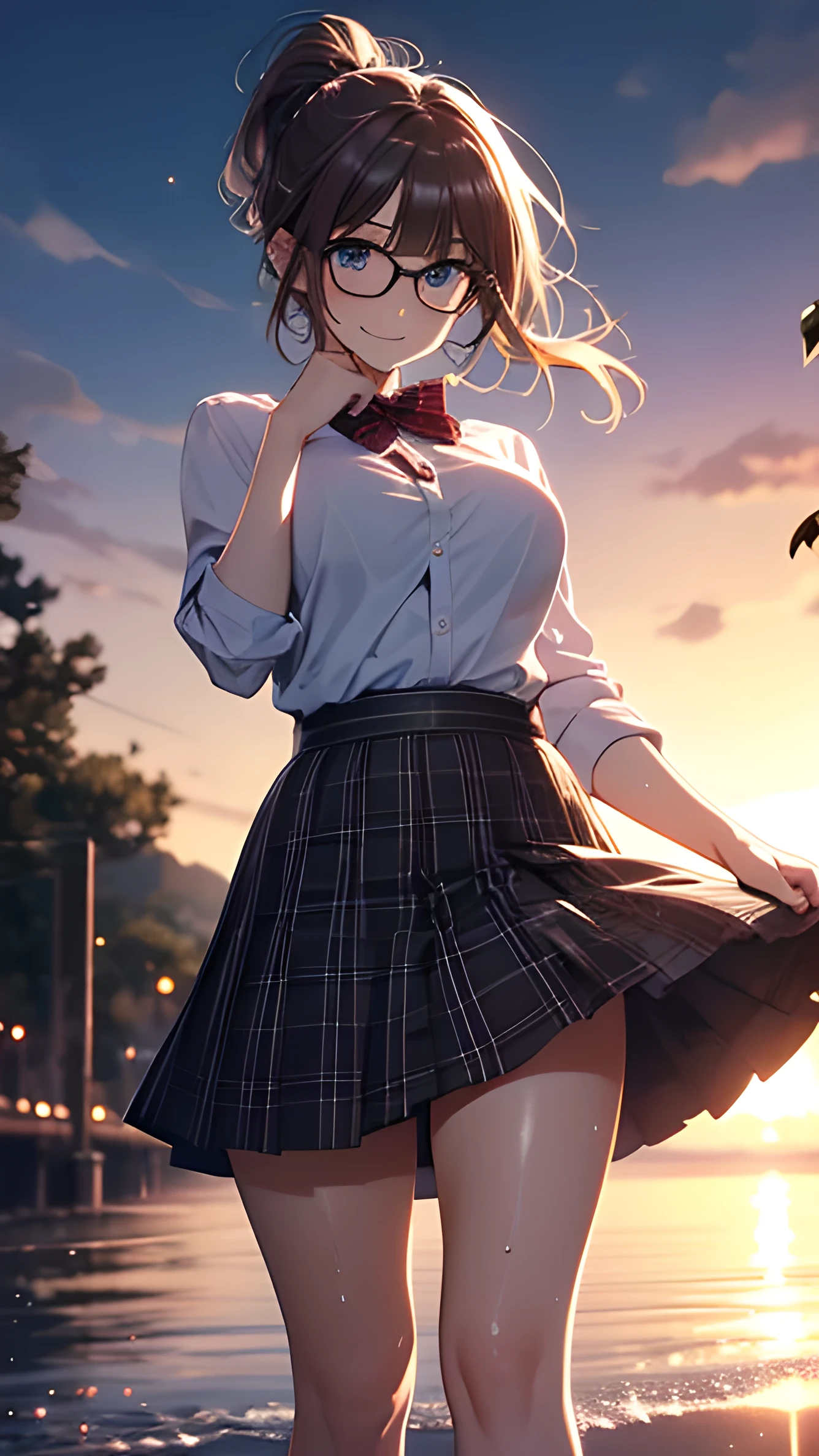 オリジナル, A beautiful woman standing on the beach , multicolor hair glasses, ((masterpiece, Best Quality)), ( Details Brown Hair , ponytail), eyeshadow, sakura asumi - nakaima hime [DVD 720p-xvid ], 1girl, alone, black hair, skirt, smile, plaid, plaid skirt, school uniform, shirt, looking at viewer, score_7_up, (masterpiece, ultra high resolution, 8k, 16k, Super detailed), software, ((Hero View)), 1 Girl, Purple Hair, (Curvy Hair, Long Hair, hime cut:1.2), Black Tuxedo, open button tuxedo , ( place your hand on your lower back), Night view, flashy bright background, Fashionista, narrow depth of field , bokeh, Contrast, ponytail, blonde, blue eyes , black leotard, high leg, sweat, Wet, barefoot, Viewers, RESEARCH ROUND , Big Breasts, From the Front, Front, with one hand, panic, Surprised, standing, with one hand,