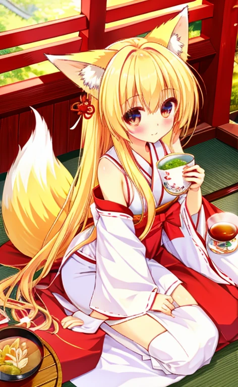   beautiful long blonde girl drinking Japanese tea　Shrine maiden　Fox Ears　 fox tail　shrine　日本茶を飲む 