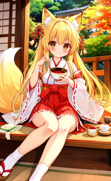   beautiful long blonde girl drinking Japanese tea　Shrine maiden　Fox Ears　 fox tail　shrine　日本茶を飲む 