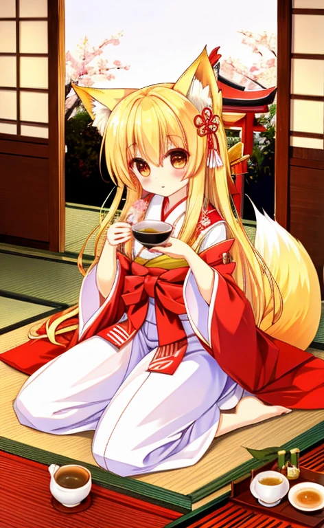   beautiful long blonde girl drinking Japanese tea　Shrine maiden　Fox Ears　 fox tail　shrine　Drink Japanese tea 