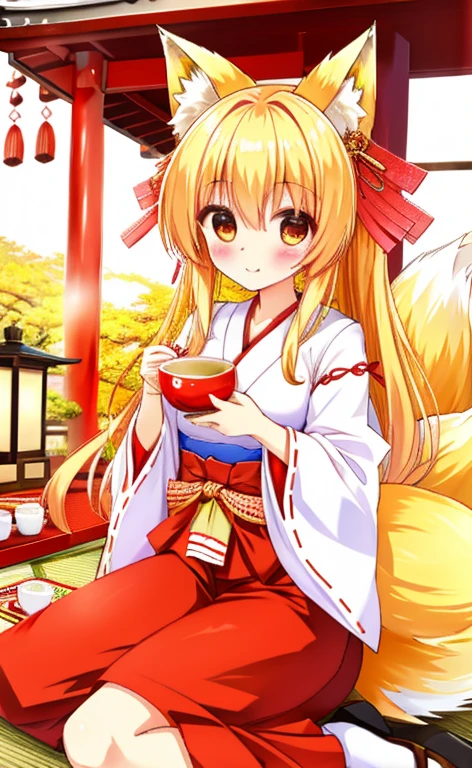   beautiful long blonde girl drinking Japanese tea　Shrine maiden　Fox Ears　 fox tail　shrine　Drink Japanese tea 