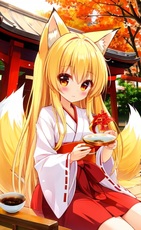   beautiful long blonde girl drinking Japanese tea　Shrine maiden　Fox Ears　 fox tail　shrine　Drink Japanese tea 