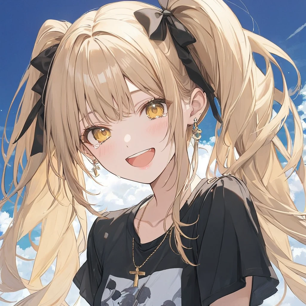  one woman,pastel,blonde, twin tails,A masterpiece of , yellow eyes,Laughing and crying,A kind smile,Wear a black shirt,White Thailand, side angles that leave hair behind,Best Quality,Exquisite,8k, absurd,Ultra-detailed illustrations,( Viewers )