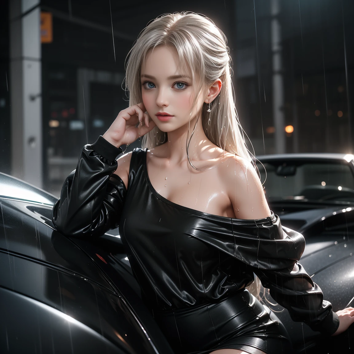 (( Girl Getting Out of Sports Car at Lakeside Park))、(RAW shooting、 photorealistic :1.5、8k、Highest画質、Famous Paintings、 ultra high resolution)、 Perfect Dynamic Composition :1.2、 Highly Detailed Skin and Face Textures:1.2、Wet slim high school girl :1.3、Sexy beauty、 perfect style :1.2、 Aesthetically Beautiful 、Fair skin、 very beautiful face 、(Rain dripping all over my body:1. 2、  wet hair :1.4,  wet hair :1.2),  Water Drops on Skin , ( medium chest, Chest gap), (Shy laughter,  expression when feeling intense caress, Facial expression when feeling pleasure), (Beautiful Blue Eyes),  perfect body by Pubis, パーフェクトな指先 Highest品質の作品,Actual Work, Ultra Premium Graphics ,8K HD CG Works, High Definition Graphics ,High-definition CG works,10x pixels,Extremely fine detail:1.1,Advanced Technical Details:1.1  photorealistic ,Natural Light:1.5. Light effects(仮想Light effects:1.8),(RAW shooting、((luxury car Lamborghi 2 、Huracan))、 photorealistic :1.5、8k、Highest)、( dynamic pose),((Off Shoulder Black Mini Tank Top 、 black tight miniskirt))、photograph、Sharpness、 Unique 850 4 、 Koda 850k Portrait Camera 、F1。mm lens、超Realな質感、 Spectacular Light Texture 。Long legs、 long hair fluttering in the wind 、((Horizontal bar Highest image quality、live-action、Ultra Premium Graphics、8K HD CG Works、High-quality Graphics、High-definition CG works、10x pixels、Ultra-fine details:1.1、Advanced technical details:1.1 Photorealistic、Indoor lighting effects:1.5、Natural light:1.5.Light effects(Virtual Light Effects :1.8)、長いSilver Hair、Silver Hair、Transparent Hair、Hair with attention to detail( premium hair detail :1。1)Clear Eyes、 beautiful double eyelids 、Sharp eye makeup、Delicate eyelash makeup、Thin eyebrows、( She's wet ),Magical Aura、Green Dot、 about my aura natural 、超Magical Aura、 black golden woman 、(( black one-shoulder mini t-shirt ：1. 3)、(( stretch pants that go up to my belly button )、(( I can see European castles hazy in the distance))、(( under bust))、((Under the chest部分が見える))、 ( I can see my abs and belly button )、((Under the ))(、Under the chestが見える)、Leather shoes、Long legs、Standing from the front、 full body portrait、 high definition face、 skin texture、Fine-grained  skin texture、Fine-grained、Realな目、美しいFine-grained。 Skin type、charm、 ultra high resolution、Real、 ultra high resolution 高解像度、Real、Ultra-fine、(( Drenched ))、 1 girl、(Light on face and chest)、(((Under the )))、Under the chest、 oily skin 、thin、(I can see a little bit of the back of my chest))  I can see my chest a little）、（Under the chestが見える）、（Belly button and ribs visible）、（The buttocks and lower abdomen are visible）、（I can see my chest and back slightly ）。