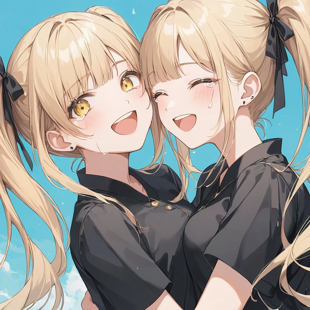  one woman,pastel,blonde, twin tails,A masterpiece of , yellow eyes,Laughing and crying,A kind smile,Wear a black shirt,White Thailand, side angles that leave hair behind,Best Quality,Exquisite,8k, absurd,Ultra-detailed illustrations,( Viewers )