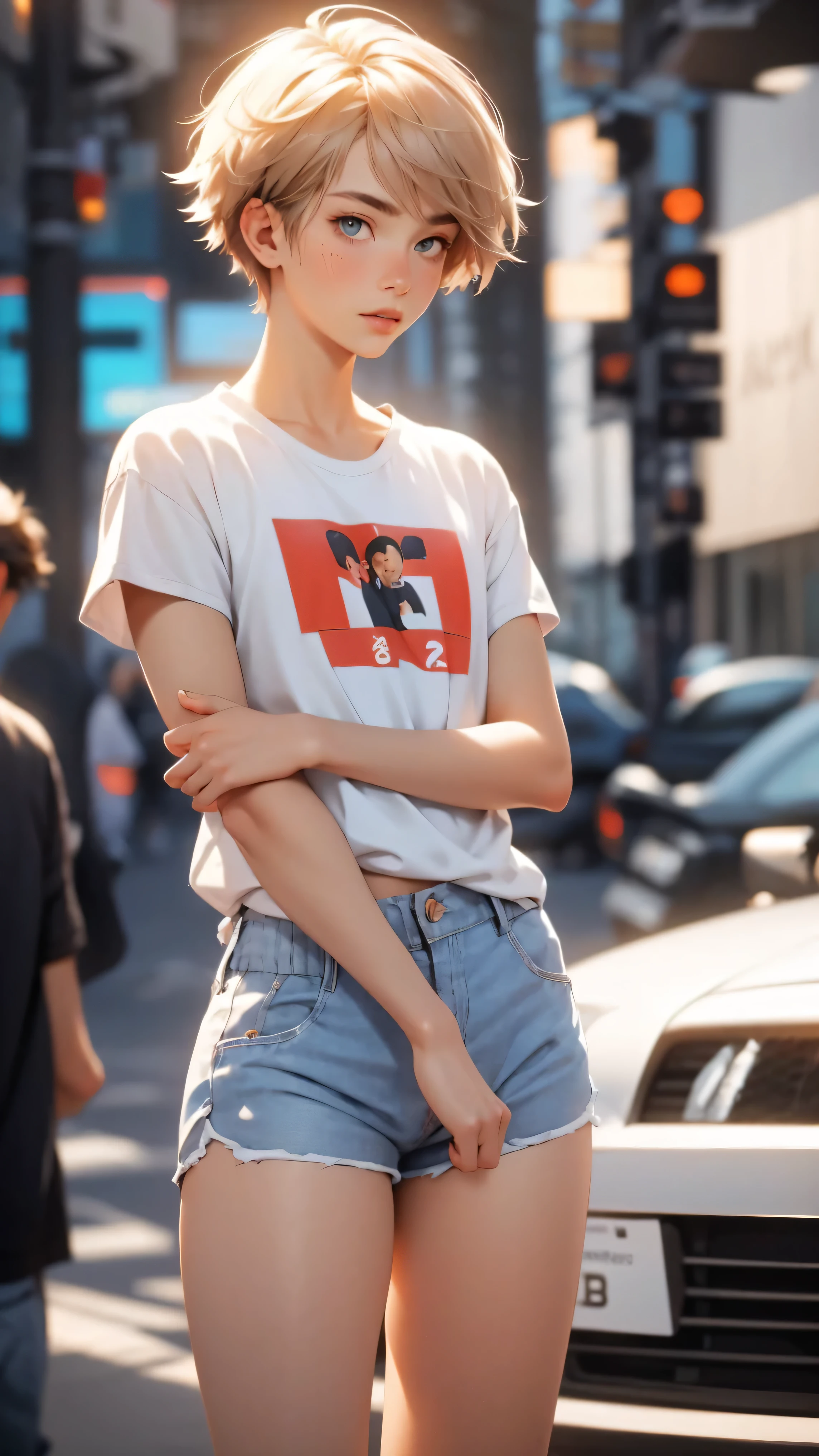 cute boy, model, blond with short male haircut, fragile slim build, boy wearing short-sleeved t-shirt and very short mini-shorts, feminine body, legs long and slim like a girl, too tanned, Daisy Dukes style, hot summer, flirtatiously posing, sexy