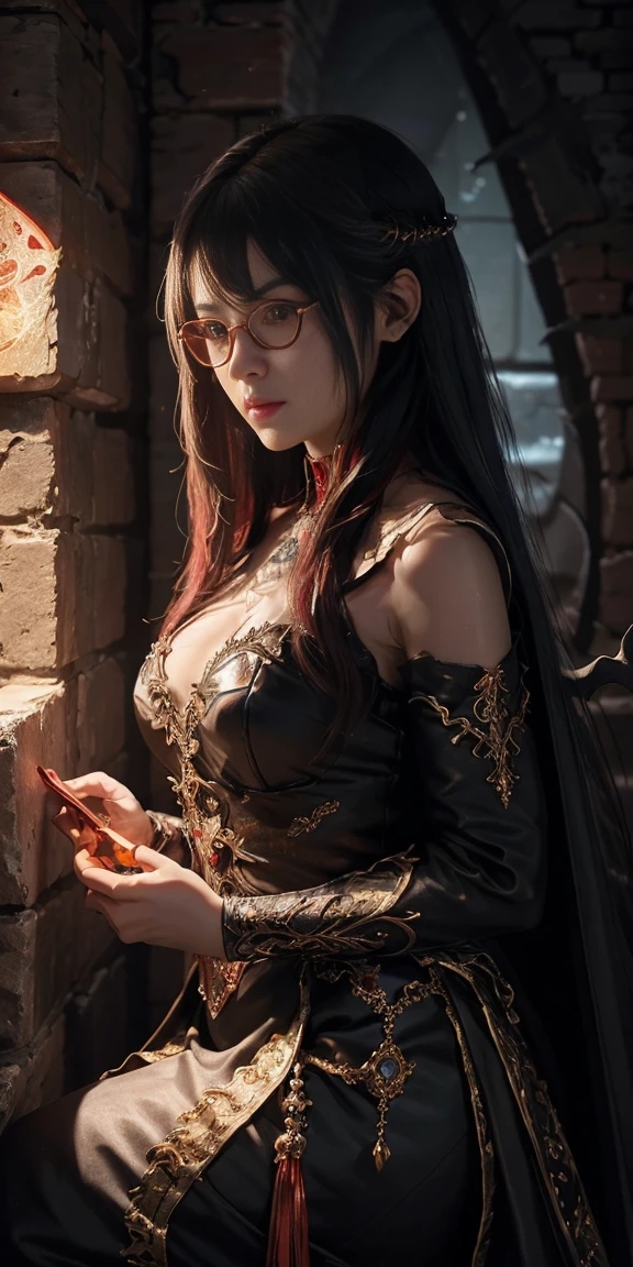  intricate detail 、High quality、 A realistic 、 Ultra Fine 、The best light、The best shadow、 soft light 、 Ultra HD 、Dungeon and Dragon、cave、Dungeon、 Sorcerer、nighttime、dark Style、Succubus、The Devil&#39;s Daughter、Bat wings，(((Black Rim Round Frame Glasses ))))、( Devil's Tail )、( Glowing Red Eyes :1.6)、 masterpiece, 、Beautiful face、The Tindall Effect、pictureสมจริง、( high-detail skin :1.2)、8 Kush 、 Digital SLR Camera 、High quality、picture、 high resolution、 more absurd、 Ponytail distortion 、  Beautiful Sensitive Face Details 、1 girl、 jewelry ผม、 jewelry 、 Beautiful expression 、body up、Tight waist、 Wide Hips 、The Tindall Effect、Realistic images、( high-detail skin :1.2)