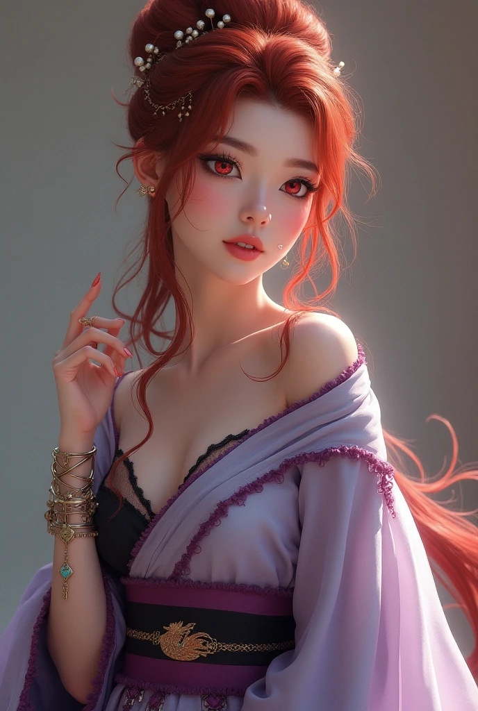 ((top-quality、masterpiece:1.3))、sharp:1.2、Perfect Body Beauty:1.4、((Layered hairstyle))、deep v (Kimono:1.1)、(shrines:1.2)、Highly detailed facial and skin texture、Detailed eye、double eyelid、((short-length hair))、boyish、Cool、((unisex))、big eye、bangss、((One Woman))、Black eyes、tying hair、hair adornments、red purple hair color