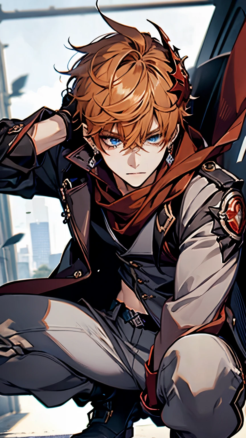 (masterpiece), beautiful face, solo, short hair, blue eyes, shirt, gloves, 1boy, hair between eyes, jewelry, jacket, male focus, earrings, black gloves, pants, orange hair, mask, single earring, red scarf, grey jacket, vision (genshin impact), mask on head, half gloves, grey pants, red mask, a squatting position, abs:0.3
