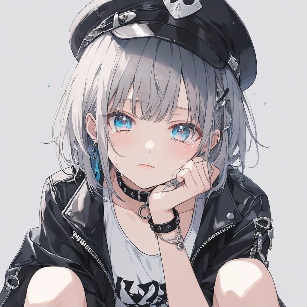  anime style,pastel, one woman, wearing a hat with tools ,Gray Hair,Cutting your hair, blue eyes , crying,Sparkling Eyes,緑にSparkling Eyesのハイライト, sapphire-like punk rock costume, white tank top,blackドロップショルダー,leather jacket,black,squat,Place your elbows on your knees,Place on chin,ドヤ顔  one womanを強調,  simple background,  blur background  ,low angle masterpiece,Best Quality,Exquisite,8k, absurd,Ultra-detailed illustrations,( Viewers )