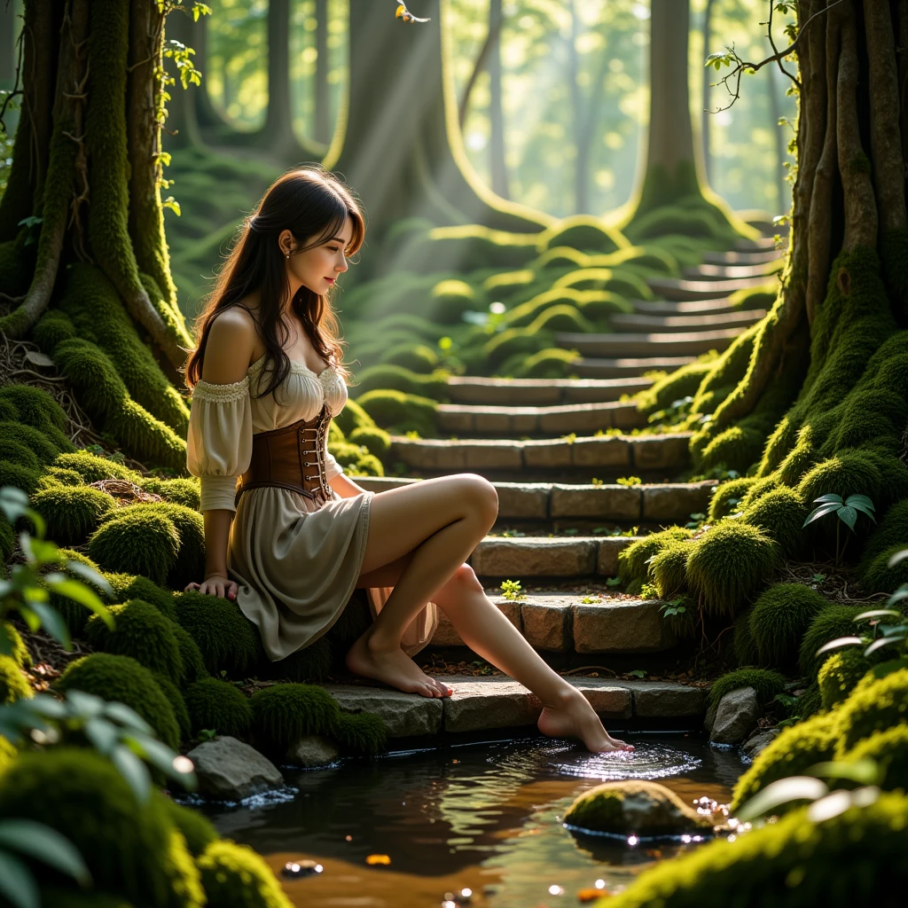 A beautifully detailed, photorealistic fantasy scene set in an ancient, mystical forest, featuring a young woman seated gracefully on a moss-covered stone staircase. She appears calm and deeply immersed in the tranquility of her surroundings, with one of her feet gently dipping into a small, crystal-clear spring at the base of the stairs. Her expression is peaceful and introspective, as if she feels a profound connection to the enchanting natural world around her.

The woman, likely in her early twenties, has long, flowing hair cascading over her shoulders, catching subtle rays of sunlight filtering through the dense forest canopy above. She is dressed in a vintage-inspired outfit—a rustic, off-the-shoulder blouse with lace details at the sleeves and an earthy-toned corset that complements her figure. Her flowing skirt drapes elegantly down, partially touching the water’s surface, blending harmoniously with the natural colors of the forest.

The staircase itself is ancient, its stones weathered and partly overtaken by lush green moss and small ferns, revealing the passage of time. Tiny streams of water trickle down the stones, creating a soft, melodic ambiance that adds to the peaceful setting. Sunlight filters through the towering trees, casting dappled light and shadow across the scene, illuminating the forest in warm, golden tones.

The spring is clear and still, reflecting the surrounding greenery. Tiny ripples form where her foot meets the water, adding a delicate sense of movement. The air is filled with the earthy scent of moss and leaves, with small particles drifting in the sunlight, giving the atmosphere a dreamlike quality.

In the background, layers of tall trees stretch high, their trunks wrapped in vines. Shadows play among the leaves, while distant bird calls echo softly, enhancing the serene, timeless feel of the scene. The entire composition captures a moment of quiet magic and connection to nature.