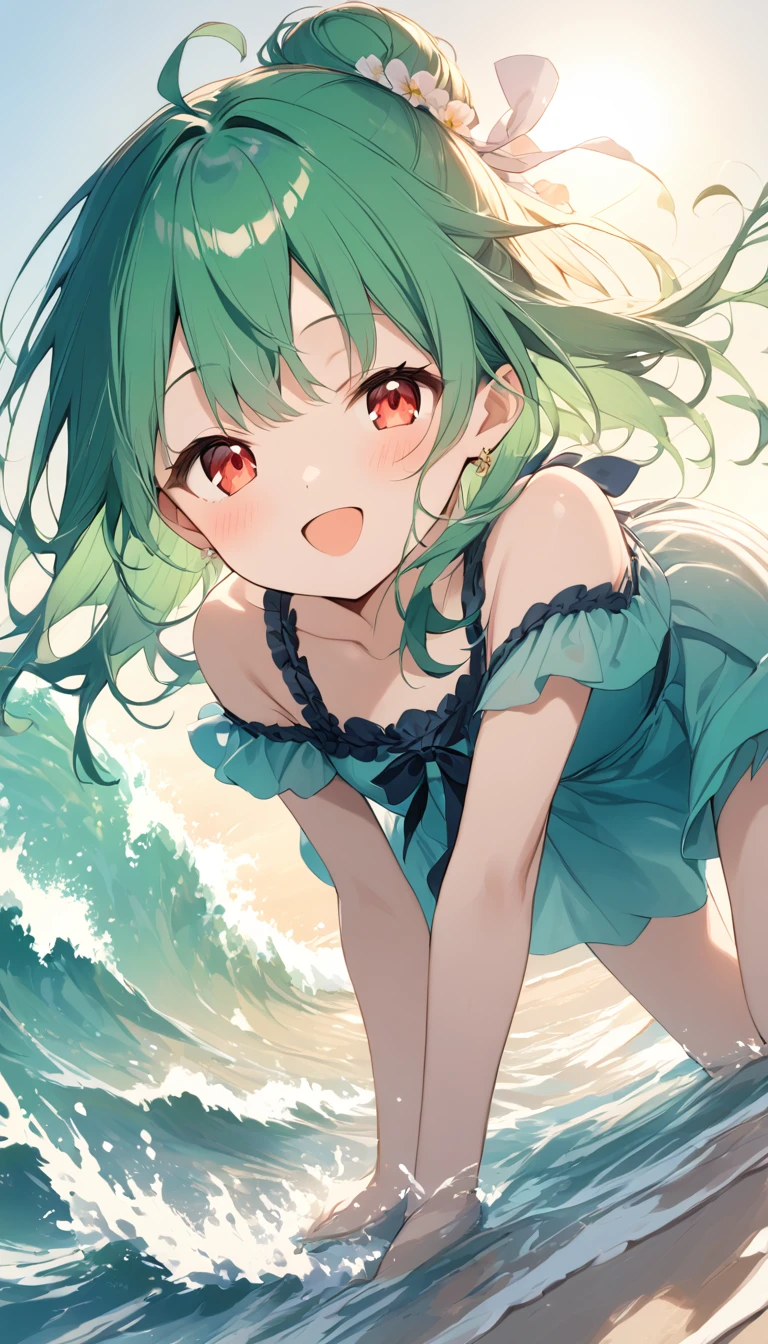 (((Young Girl)))、(( 1 Girl)),( Red Eyes),（Short stature）,(( emerald green hair ))、 bun hair 、Young appearance、(( swimsuit))、 in the water 、(((Girl ride on the beach float)))、Vector art、spirit of the wind、Backlight、Bright in backlight、Sun behind、Summer sky、cumulonimbus、He has his hands behind his back and is leaning forward, looking at me.、Narrowed eyes and a happy look、cheek、Waves crashing against the breakwater、The waves splash and the water shines beautifully.