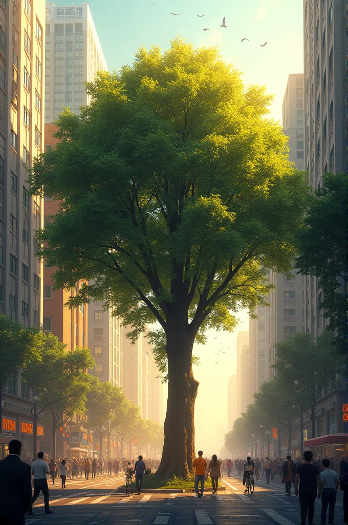 A road in the middle of a city and a big tree in front - SeaArt AI