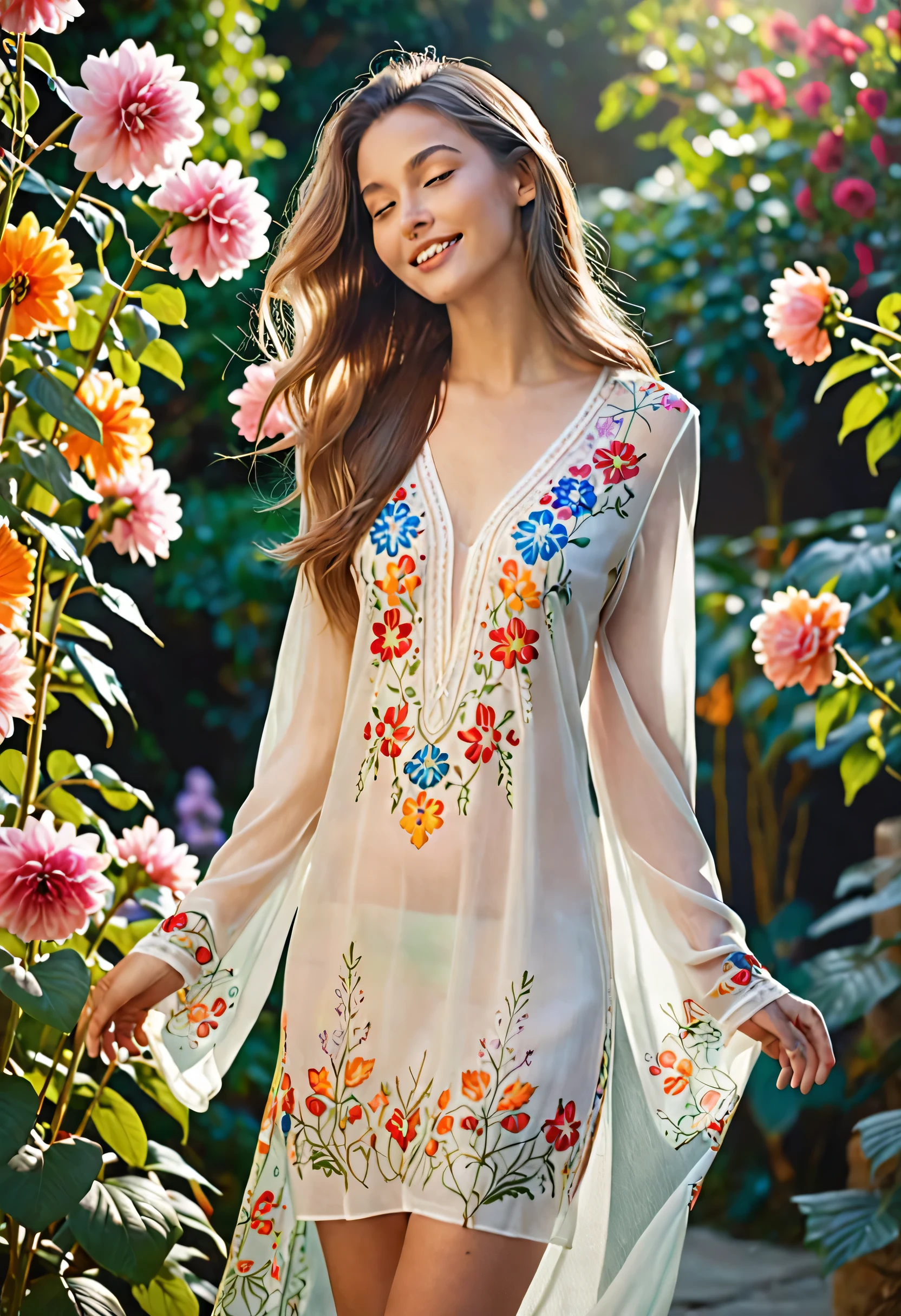  A sensual woman in an outdoor setting , symbolizing profane love .  She is dressed in a light and transparent tunic , that flows gently around you, revealing an elegant silhouette . Your expression is seductive,  with an enigmatic smile and an inviting look . In the background,  there is a vibrant garden with colorful flowers ,  representing fertility and the beauty of love .  Sunlight gently illuminates her face and highlights her loose hair, creating an ethereal effect.  The composition should convey a sense of desire and mystery ,  evoking the symbolism of profane love ."