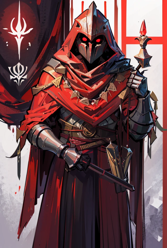 1boy, standing portrait, Central Focus, Centered, Fully in-frame, Solo, Standing still, zoomed out, Ritual Mask

Gender: male

Appearance: Ritual Mask, mysterious red-hooded figure in a long red cloak wearing a medieval knight chestplate and a mask with glowing runes covering his entire face