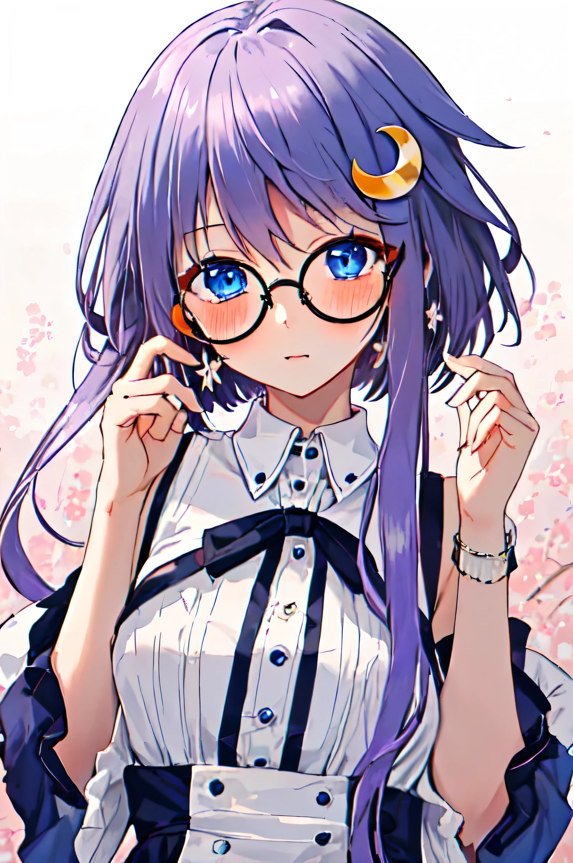 best quality, masterpiece, highres, solo, short_hair_with_long_locks, crescent, crescent_hair_ornament, purple_hair, hair_ornament, blue_eyes, blush, glasses, short_hair, long_hair, 1girl, looking_at_viewer,  upper_body, closed_mouth