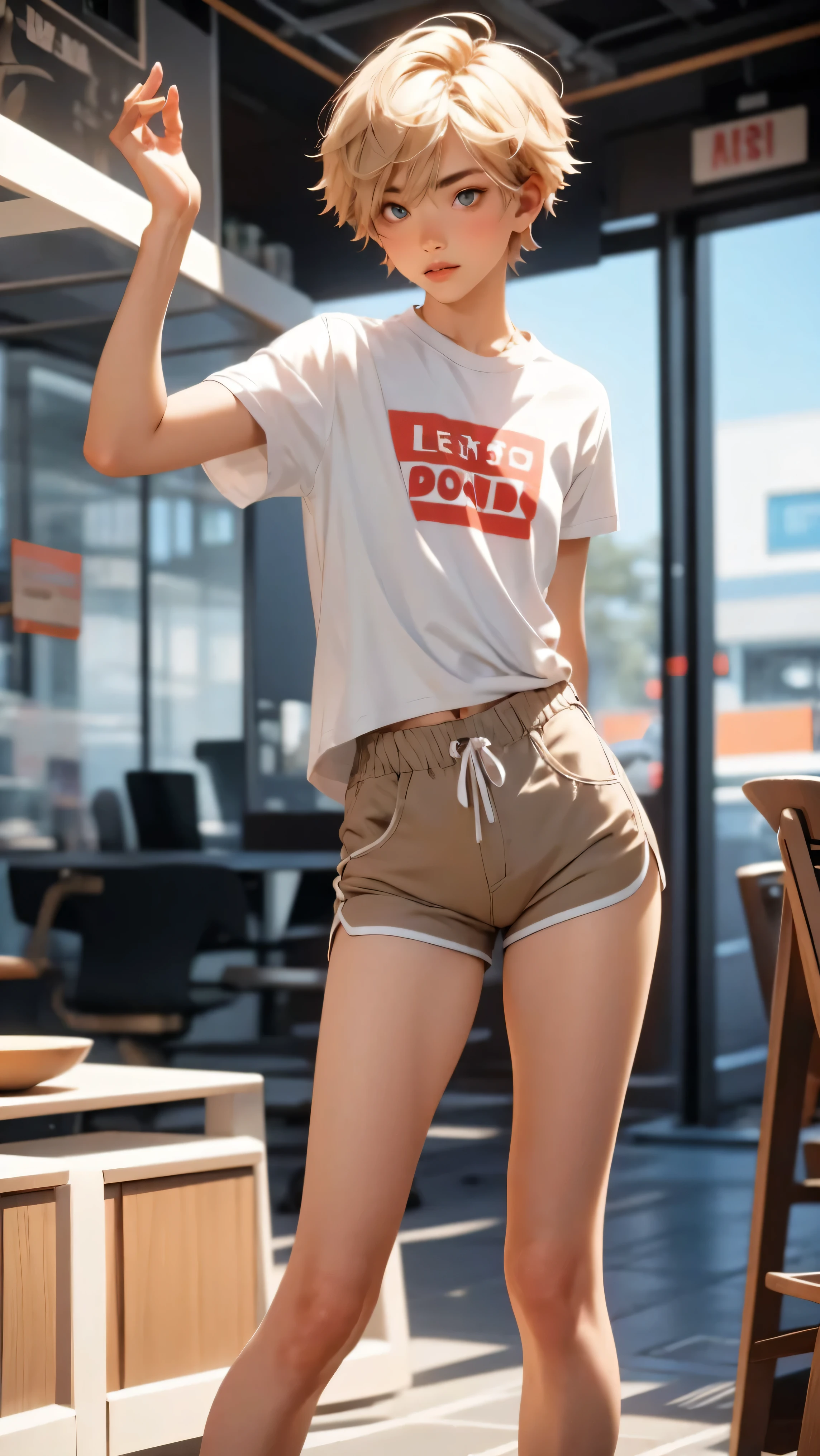 cute boy, model, blond with short male haircut, fragile slim build, boy wearing short-sleeved t-shirt and very short mini-shorts, feminine body, legs long and slim like a girl, too tanned, Daisy Dukes style, hot summer, flirtatiously posing, sexy