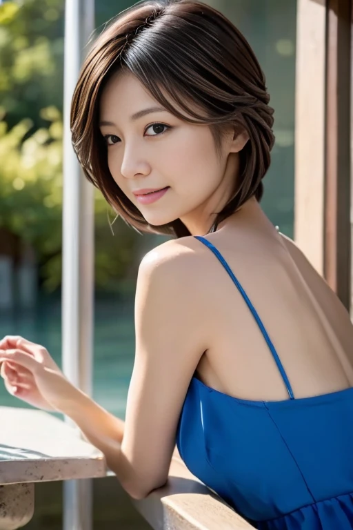 Best Quality, Realistic, Perfect Humailed,  so delicate and beautiful, RAW photo, プロフェッショナルillumination, illumination,  the depth of the boundary written , Single Focus, whole body, Skinny Japanese Women, 45-year-old woman, Brown Hair,  small head ,  beautiful eyes,  true face, Realistic skin, fine grain, (  fashionable hairstyle  : 1.3),Bust Emphasis、Sexy blue dress、Lakeside
